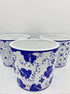 C4258 6" Round Blue & White Floral Ceramic Pot - 3/Set